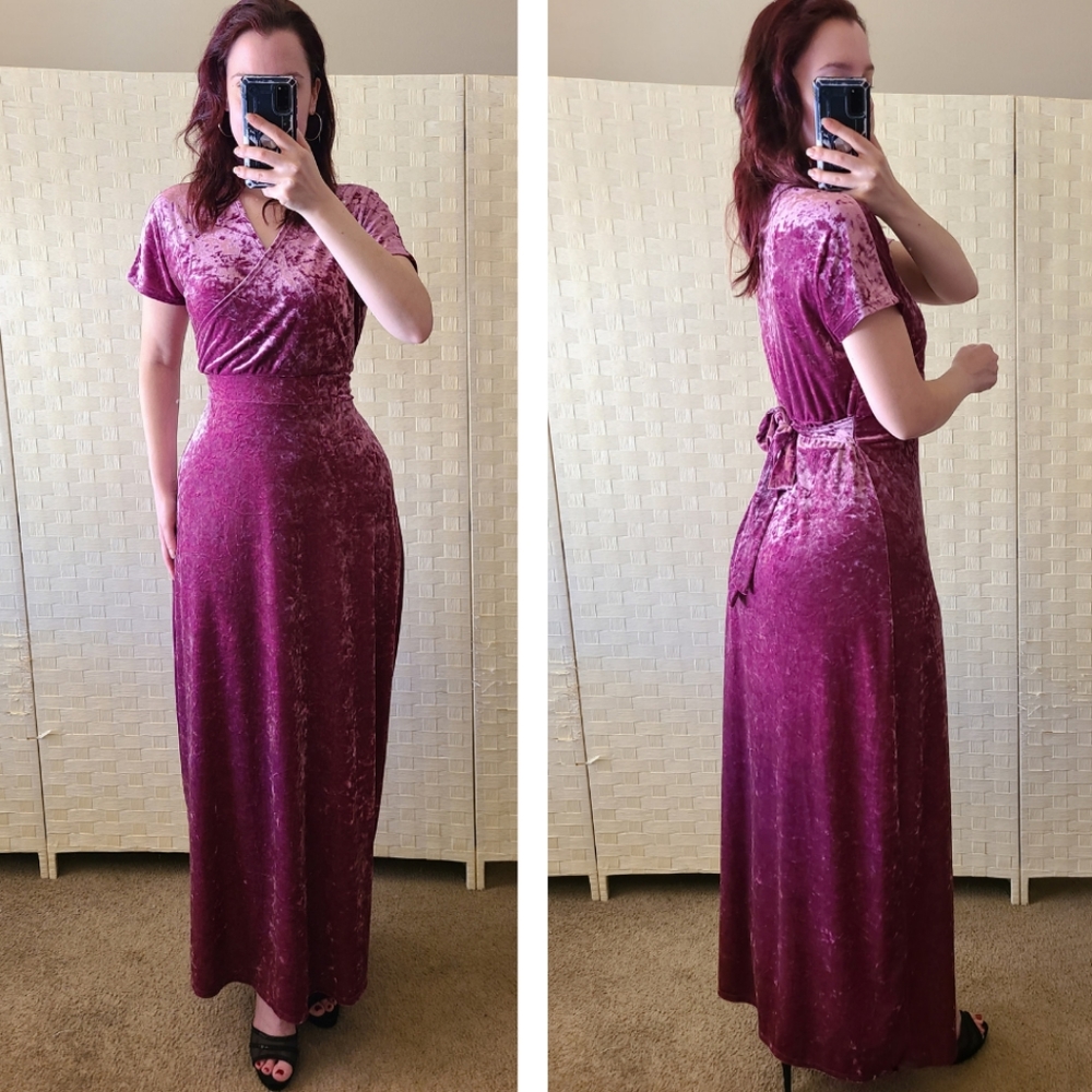 LULAROE Crushed Velvet Pink Purple 70s Style V-Neck Tie Back Maxi Dress Gown M